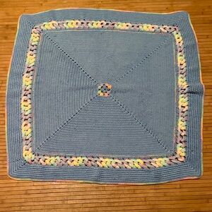 Handmade Crochet Baby Blanket – Light Blue with Rainbow Accents - Like New